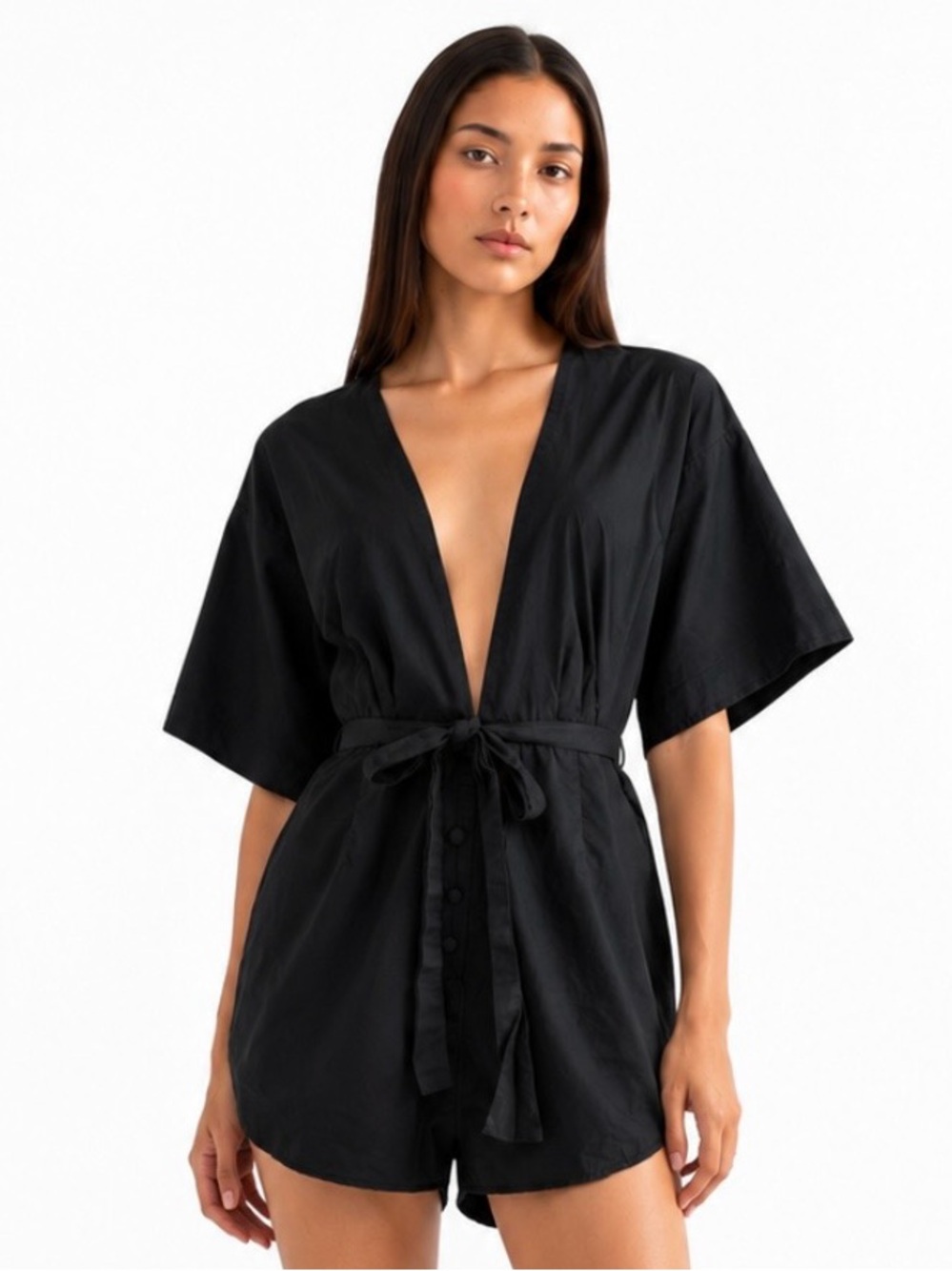 LOVERS + FRIENDS 100% Cotton Plunging V-Neck Black Short Romper with Tie Waist
